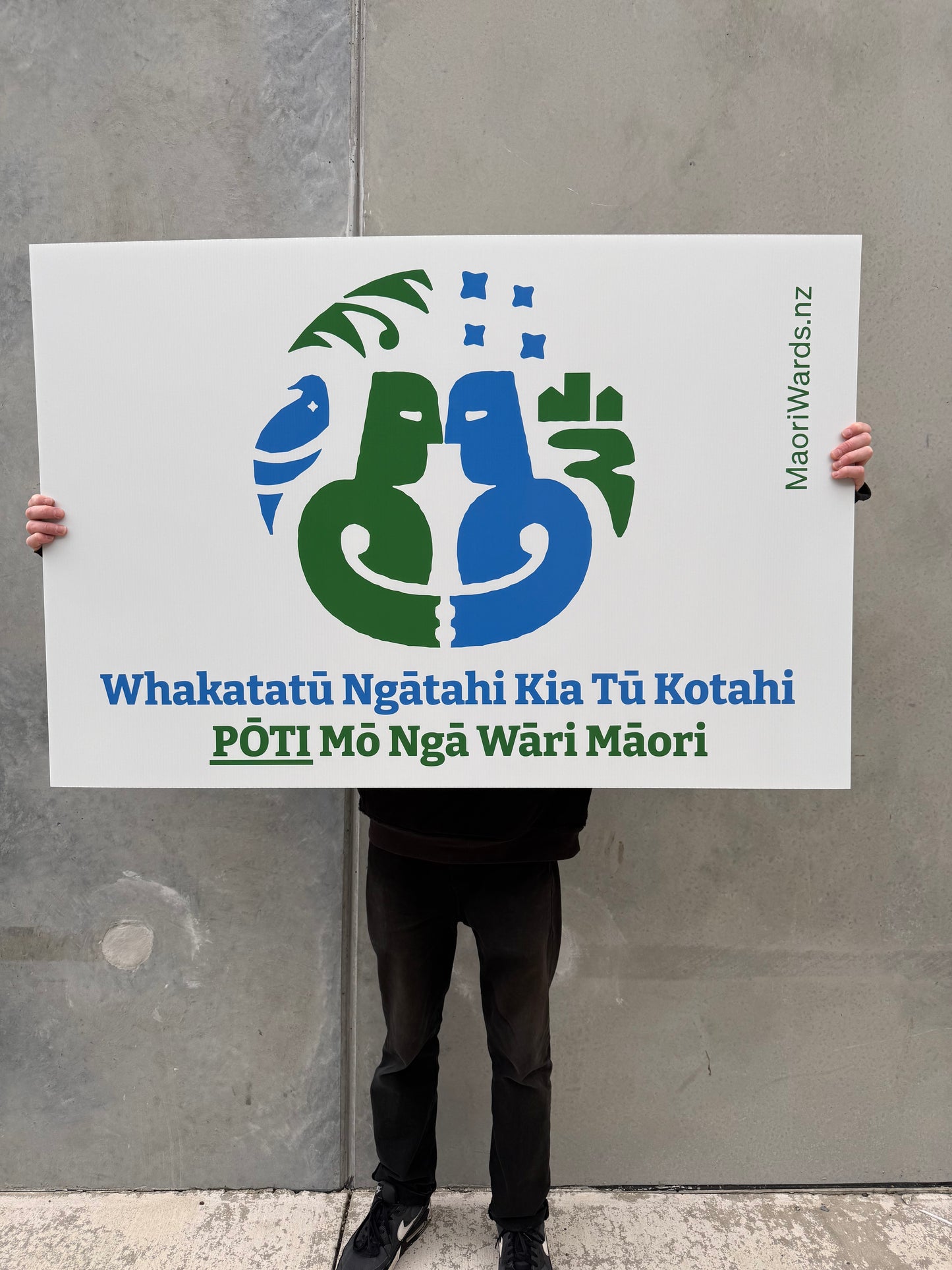 Māori Wards Combo B: 1 x Big Placard, 2 x Medium Placard, 4 x Small Placard + 8 x sticker packs (te reo Māori and English mix)